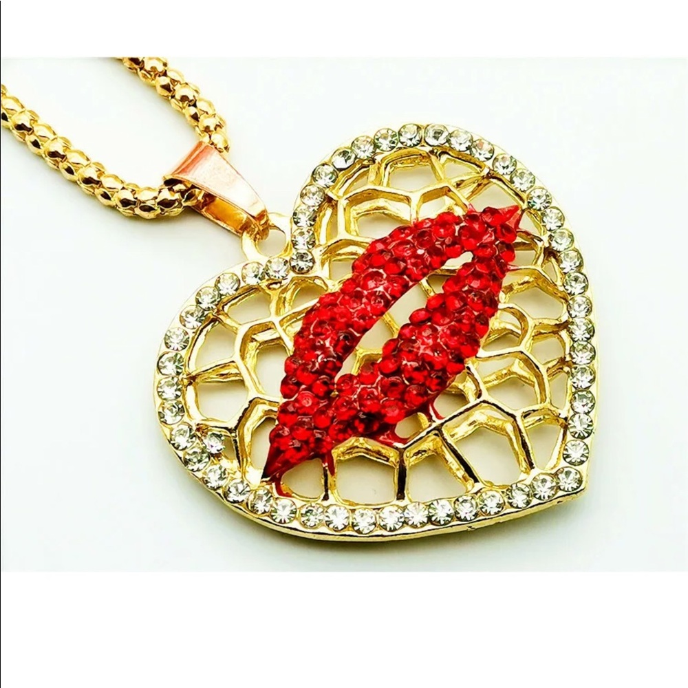 Red Lips on Heart Necklace